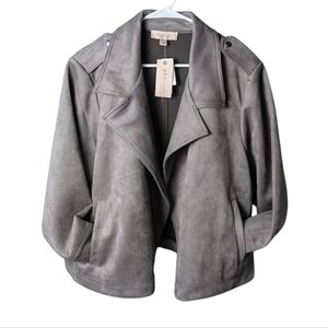 New Philosophy Faux Leather Gray Women's 2X Open Front Jacket Pockets Collar